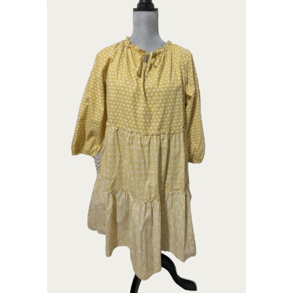 Loft Tiered Cotton Dress Sz M Mustard Yellow Multi Print Knee Puff Sleeve 🌼(4) - Picture 2 of 16